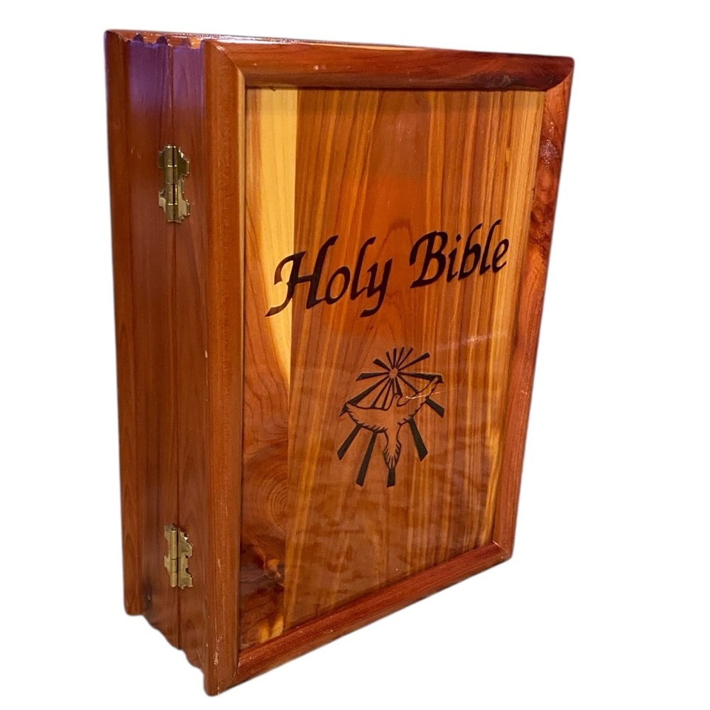 White Holy Bible Dove of Peace King James Version in Cedar Wood Display Box